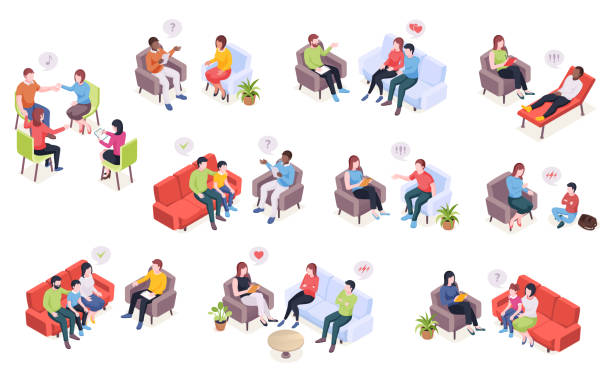 ilustrações de stock, clip art, desenhos animados e ícones de people at psychotherapy session, psychologist counseling for family couples and kids, vector isometric design. psychologist doctor and patients in couch at psychology therapy talking about problems - terapia ilustrações