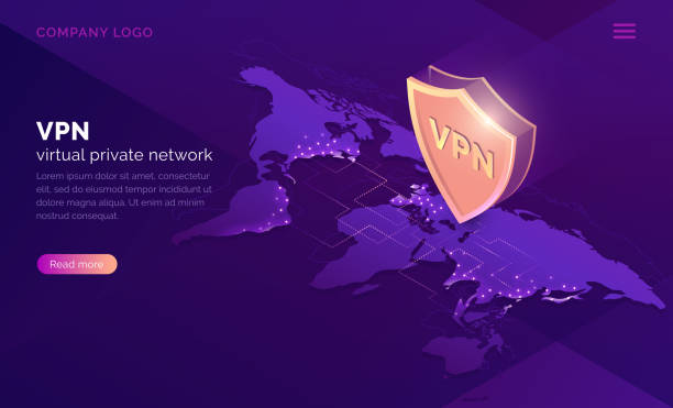 vpn 仮想プライベート ネットワーク アイソメトリック ランディング ページ - security web page shield service点のイラスト素材／クリップアート素材／マンガ素材／アイコン素材