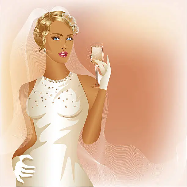 Vector illustration of Wedding background with glamour bride holding  champagne wine glass