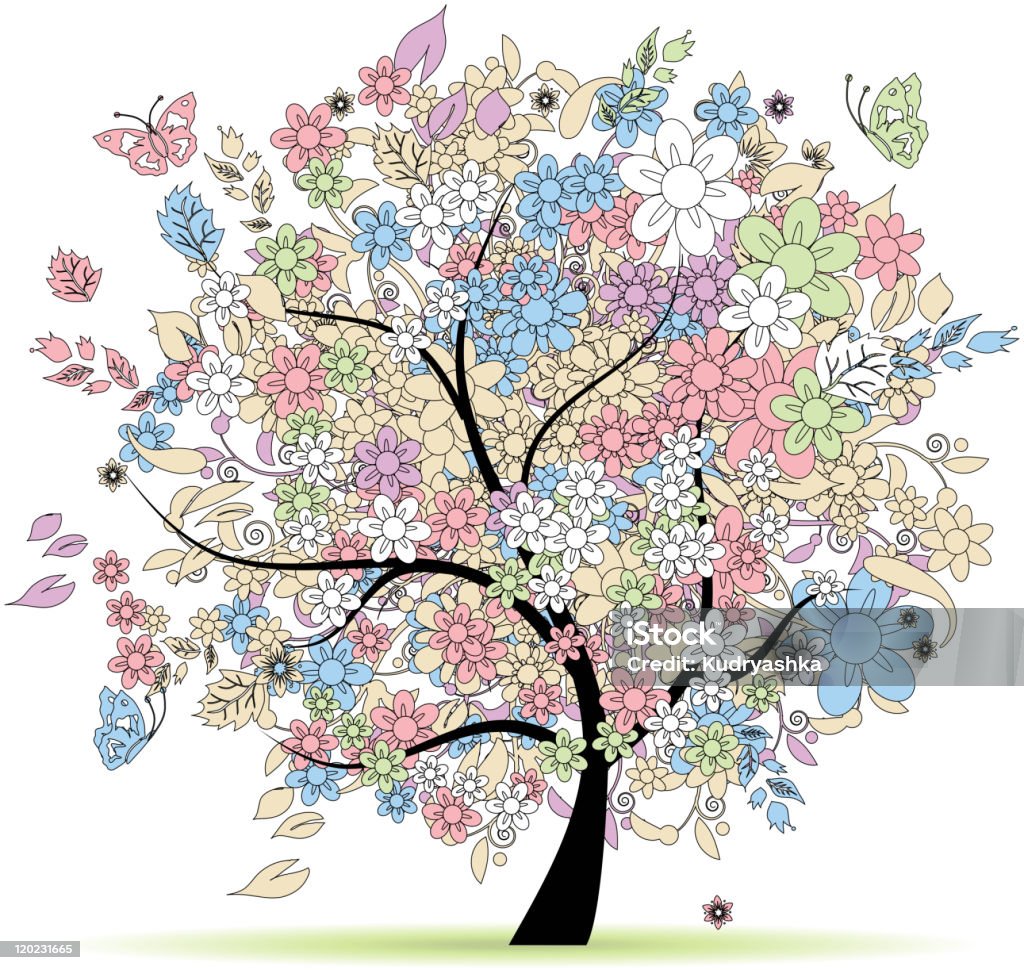 Цветочные дерево в пастельных тонах для вашего дизайна, Весна - Векторная графика Бабочка роялти-фри
