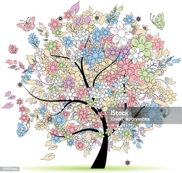 Цветочные Дерево В Пастельных Тонах Для Вашего Дизайна Весна — стоковая векторная графика и другие изображения на тему Бабочка