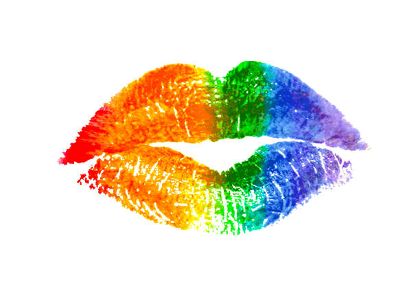 illustrazioni stock, clip art, cartoni animati e icone di tendenza di bellissime labbra bacio traccia con simbolo lgbt orgoglio bandiera colori arcobaleno stampa isolati su sfondo bianco. - homosexual human lips lesbian rainbow