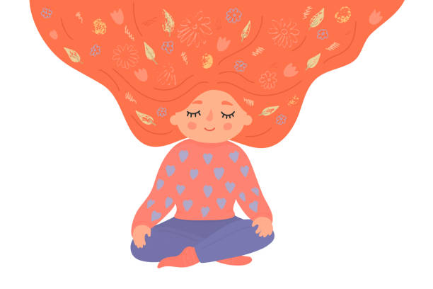 Happy girl meditating in lotus pose with loose ginger hair full of flowers. Happy girl meditating in lotus pose with loose ginger hair full of flowers. Hand drawn cute yoga, mindfulness, relax vector illustration isolated on white background. mindfulness children stock illustrations