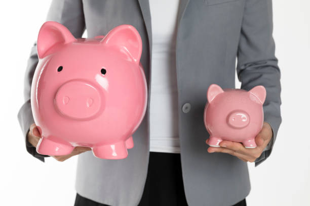 Chest view of a businesswoman who is holding two pink piggy banks in each hand in front of white background. One piggy bank is bigger that the other.
