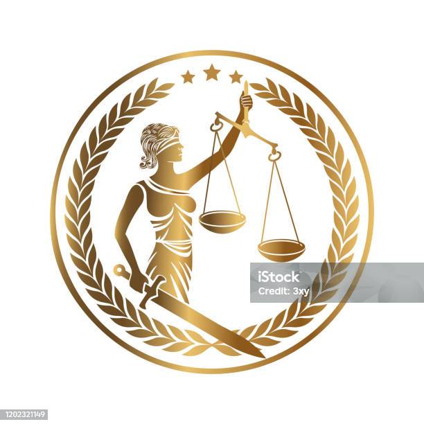 Lady Justice Themis Golden Emblem Stockvectorkunst en meer beelden van Justitia - Fictieve figuren - Justitia - Fictieve figuren, Gerechtigheid, Hoge Raad rechter