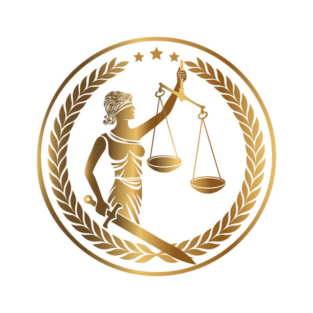 Lady Justice Themis Golden Emblem Lady justice, Themis, Femida with sword and scales. Logo or emblem design for Law firm, Lawyer service, Law office. Personification of order, fairness, law, fair trial, rule, statute. Vector illustration. judge law illustrations stock illustrations