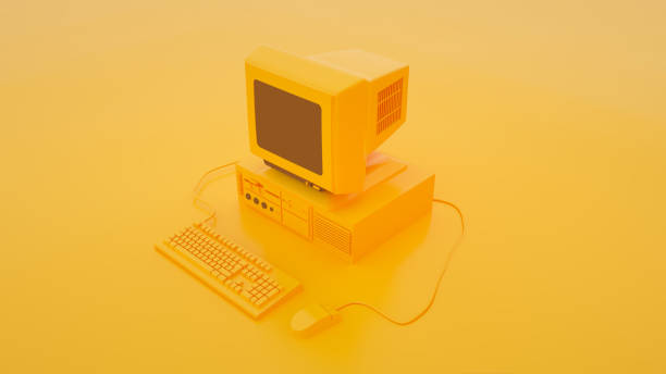istock Old personal computer with Keyboard and Mouse isolated on a yellow background. 3d illustration 1202321173