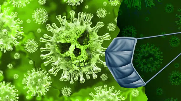 Deadly flu health risk and coronavirus disease outbreak or coronaviruses influenza as dangerous viral strain case as a pandemic medical concept with lethal cells with 3D illustration elements.
