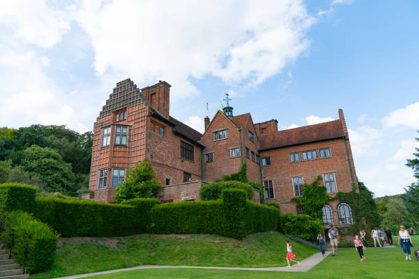 Chartwell country house of Winston Churchill Westerham England - August 21 2019; Chartwell country house of Winston Churchill now part of National Trust as visitors to the estate walk along path below. national trust photos stock pictures, royalty-free photos & images