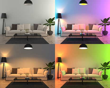 Four different color lights set up in the living room - 3D render