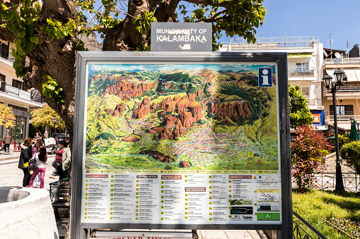 Kalabaka, Greece. Map of the town of Kalabaka and the monasteries of Meteora in a tourist information panel