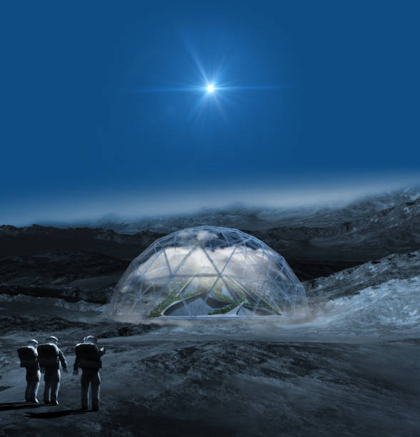 Alien frozen planet with astronauts and a terraforming dome Alien planet with astronauts pointing to a terraforming dome with a pyramid in the clouds, for science fiction video games or futuristic 3D illustration backgrounds. geodesic dome dome space architecture stock pictures, royalty-free photos & images