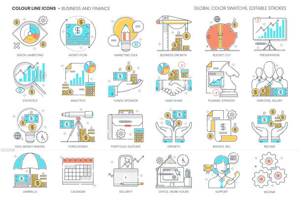 Education, school related, color line, vector icon, illustration set Education, school related, color line, vector icon, illustration set. The set is about education, collage, university, lesson, exam, graduation, teacher, class, book. budget cuts stock illustrations