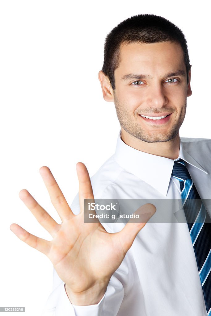 Portrait of happy smiling businessman showing five fingers, isolated Portrait of happy smiling businessman showing five fingers, isolated on white background Adult Stock Photo