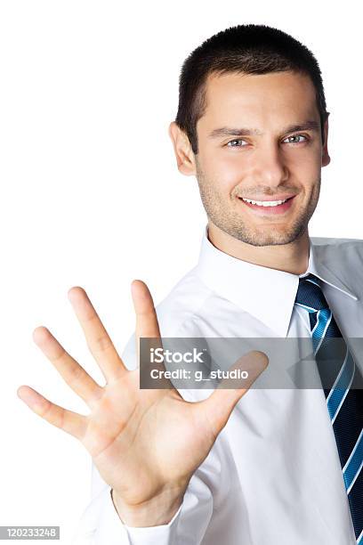 Portrait Of Happy Smiling Businessman Showing Five Fingers Isolated Stock Photo - Download Image Now