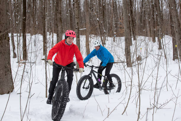 istock Attractive couple riding fat bikes in the snow 1202334595