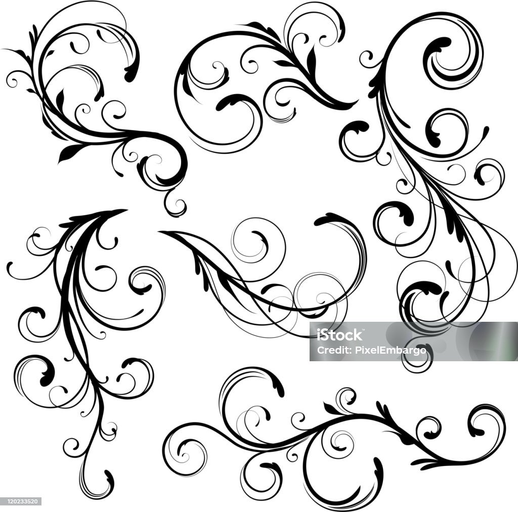 Floral elements of black swirls on white Vector illustration set of swirling flourishes decorative floral elements Swirl Pattern stock vector