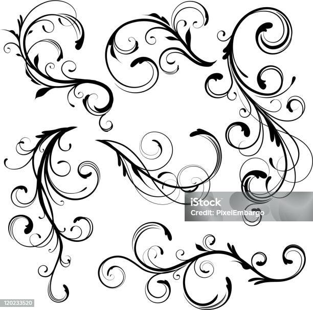 Floral Elements Of Black Swirls On White Stock Illustration - Download Image Now - Swirl Pattern, Abstract, Art
