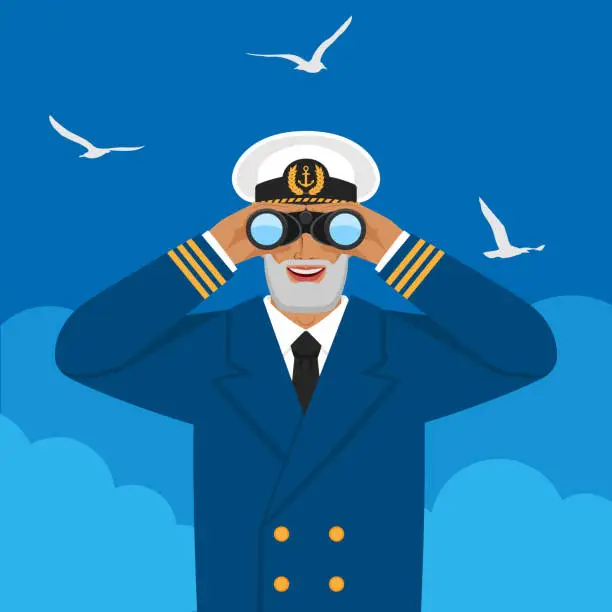 Vector illustration of Captain looking through binoculars against cloudy sky and seagulls