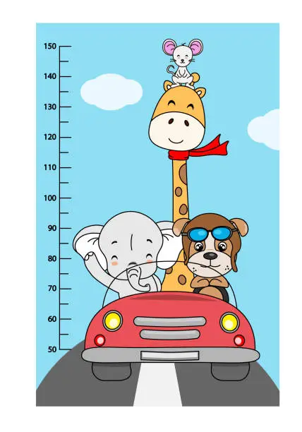 Vector illustration of Wall meter for children. Animals by car