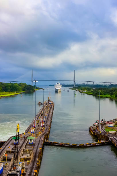 view of panama canal from cruise ship - panama canal panama canal container imagens e fotografias de stock