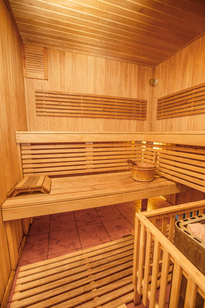 istock Interior of a wooden sauna. 1202340193
