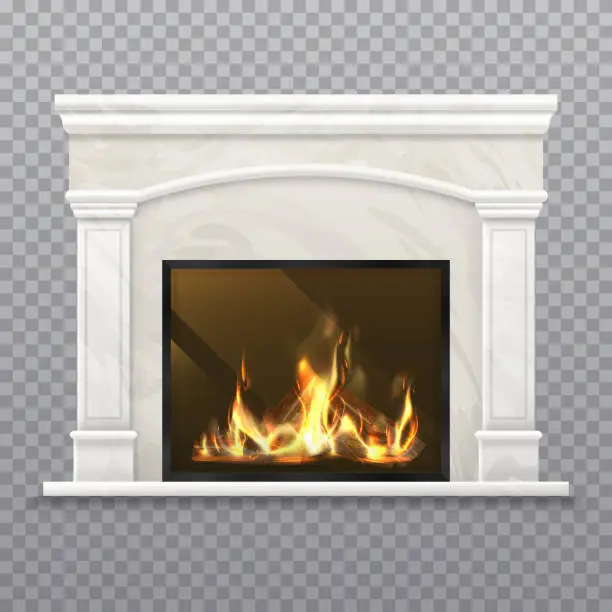 Vector illustration of Chimney or vector fireplace with burning wood.