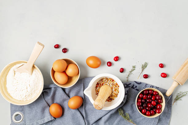 Rustic baking ingredients flat lay. Homemade pastry, baking. Top view flat lay background. Copy space. Healthy organic food.