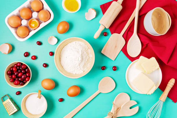 istock Rustic baking ingredients and kitchen utensils. Homemade pastry, baking. Top view flat lay background. Copy space. Healthy fresh organic food. 1202344113
