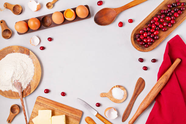 Rustic baking ingredients and kitchen utensils. Homemade pastry, baking. Top view flat lay background. Copy space. Healthy fresh organic food.