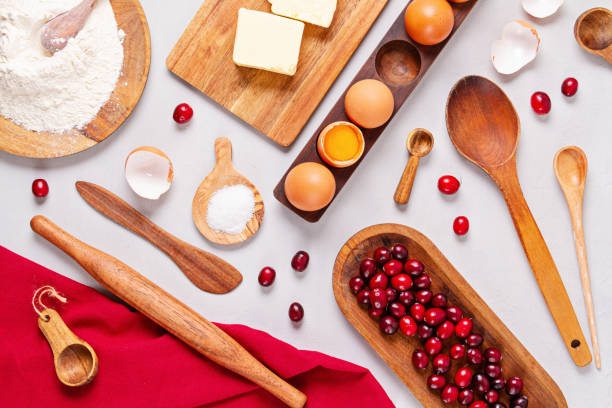Rustic baking ingredients and kitchen utensils. Homemade pastry, baking. Top view flat lay background. Copy space. Healthy fresh organic food.