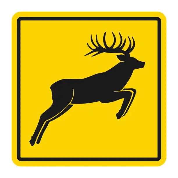 Vector illustration of Wild animals yellow road sign. Silhouette of jumping deer