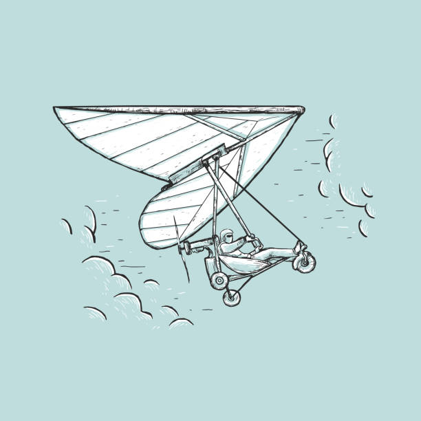 Sketch vector color illustration with man flying on hang glider and clouds Sketch vector color illustration with man flying on hang glider and clouds. Design on a blue background for t-shirt print, cover, poster, banner glider hang glider hanging sky stock illustrations