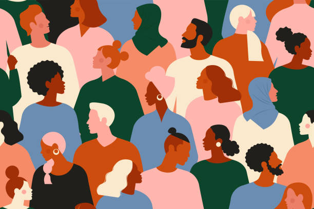 Crowd of young and elderly men and women in trendy hipster clothes. Diverse group of stylish people standing together. Society or population, social diversity. Flat cartoon vector illustration. Crowd of young and elderly men and women in trendy hipster clothes. Diverse group of stylish people standing together. Society or population, social diversity. Flat cartoon vector illustration. crowd of people silhouettes stock illustrations