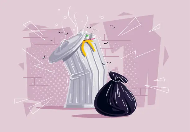 Vector illustration of Vector illustration of a garbage can with a garbage bag on the background of a brick wall