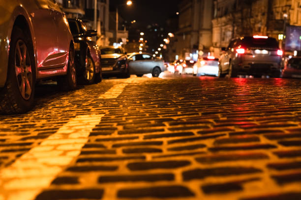 istock Paving stones on the roadway with glare from night illumination. View from sidewalk level. Selective focus. 1202345921