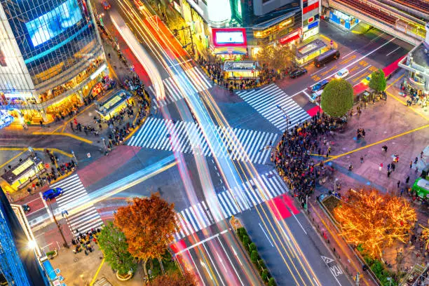 Shibuya Crossing, one of the busiest crosswalks in the world. Tokyo, Japan.