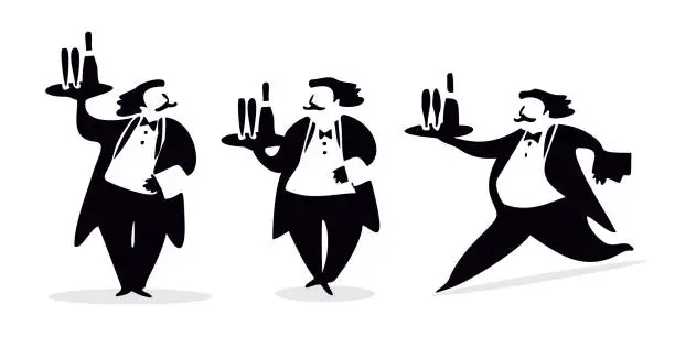 Vector illustration of Flat vector waiter worker symbol icon. The waiter carries 2 glasses and champagne. A set of figures of waiters. Black and white illustration. Element for logo, signboard,