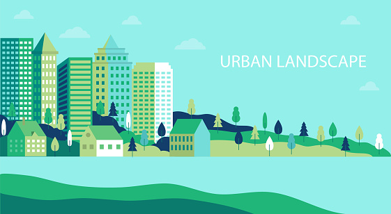 Town landscape panorama. Urban industry illustration. Simple flat city landscape with nature plant. Banner with countryside. Cityscape background. Design simple city pattern. vector illustration