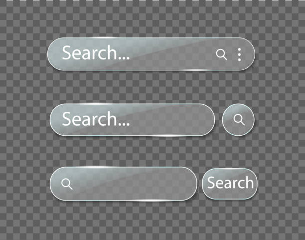 검색 바 유리 상자. 투명 한 배경에 ui, 웹 양식, 컴퓨터에 대 한 광택 검색 화살표입니다. 웹 사이트에 대한 검색 주소 필드 및 탐색 버튼. 인터넷 페이지의 텍스트 패널 양식입니다. 벡터. - geometric shape transparent backgrounds glass stock illustrations