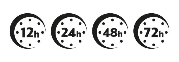 Vector illustration of 12, 24, 48 and 72 hours clock arrow. Vector work time effect or delivery service time icons.