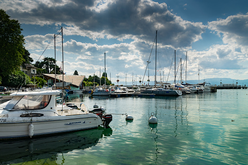 Thonon les Bains,France-August 02,2019: Boats in the port of Thonon les Bains on Lake Geneva.Thonon les Bains was the historic capital of Chablais, a province of the old Duchy of Savoy in France.