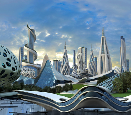 3D illustration of a futuristic city with high-rise buildings in an organic architectural design for science fiction backgrounds.
