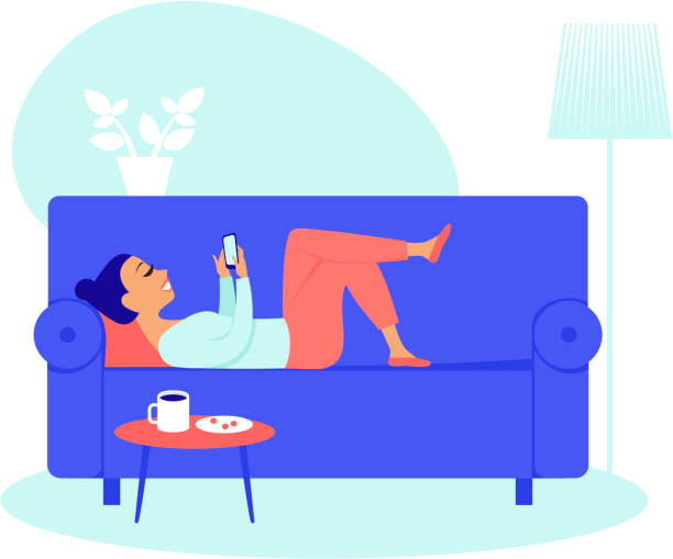 Young woman using smartphone at home Young woman using smartphone at home. people internet technology addiction concept coffee addict stock illustrations