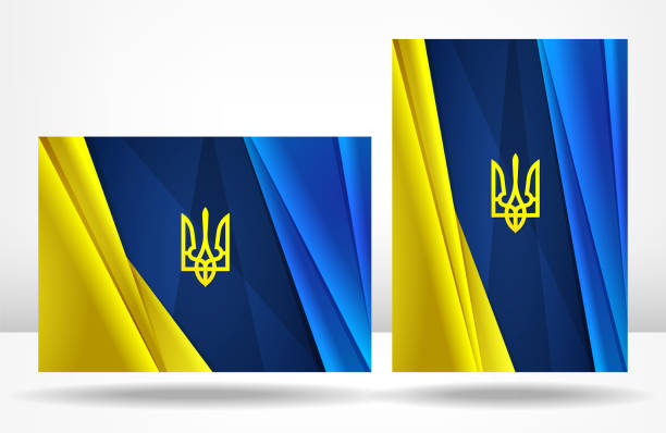 ukraina flaga i godło. ukraiński projekt szablonu korporacyjnego z niebieskim i żółtym tłem i herbem ukrainy trójząbem - ukraine trident ukrainian culture coat of arms stock illustrations