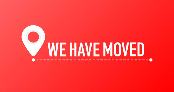 ilustrações de stock, clip art, desenhos animados e ícones de we've moved. moving office sign. clipart image isolated on red background. - direction symbol famous place targeted