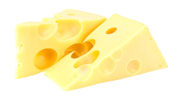 istock Lying two triangular pieces of Maasdam cheese isolated on a white background 1202358877