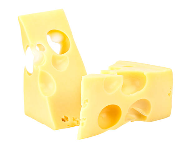 istock Standing and lying two triangular pieces of Maasdam cheese isolated on a white background 1202358879
