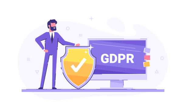 ilustrações de stock, clip art, desenhos animados e ícones de positive cartoon character with a shield in front of pc monitor with gdpr caption. gdpr compliance. personal data security. modern vector illustration. - personal data