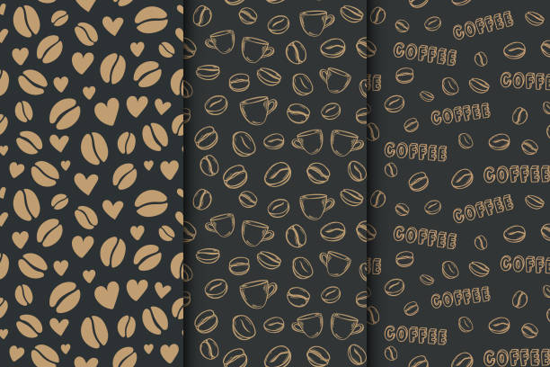 ilustrações de stock, clip art, desenhos animados e ícones de coffee dark background with beans and hearts. vector set of seamless pattern - café colheita
